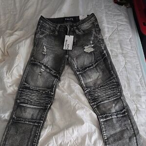Rue21 Black and Gray Skinny Moto Jeans with Distressed Details